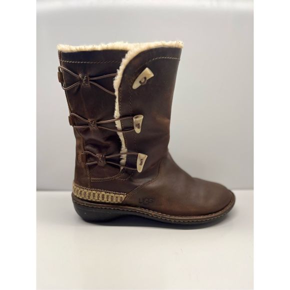 UGG Shoes - UGG Womens Kona Brown Leather Sheepskin Mid-Calf Boots Toggle Closure Size 9
